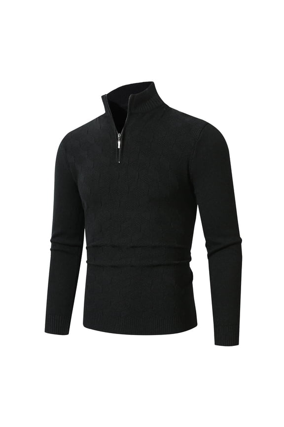 Men's Casual Knit Sweaters Solid Quarter Zip Pullover Tops Jacquard Textured Sweaters Modern Fit Long Sleeve Sweater Fall Winter Clothes Black XL