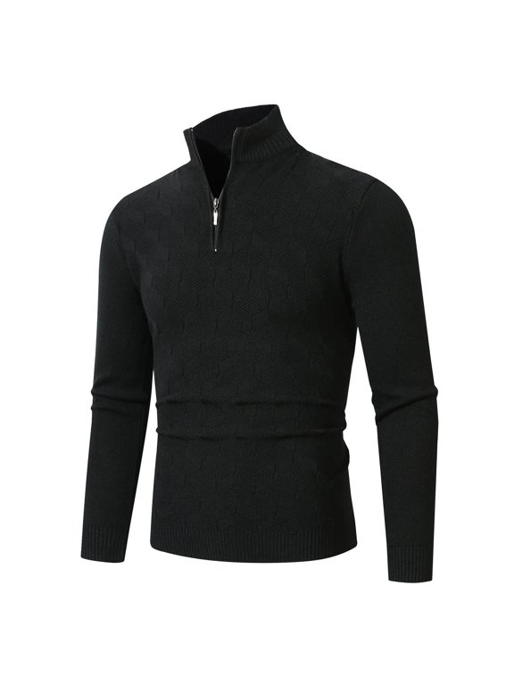 Men's Casual Knit Sweaters Solid Quarter Zip Pullover Tops Jacquard Textured Sweaters Modern Fit Long Sleeve Sweater Fall Winter Clothes Black M