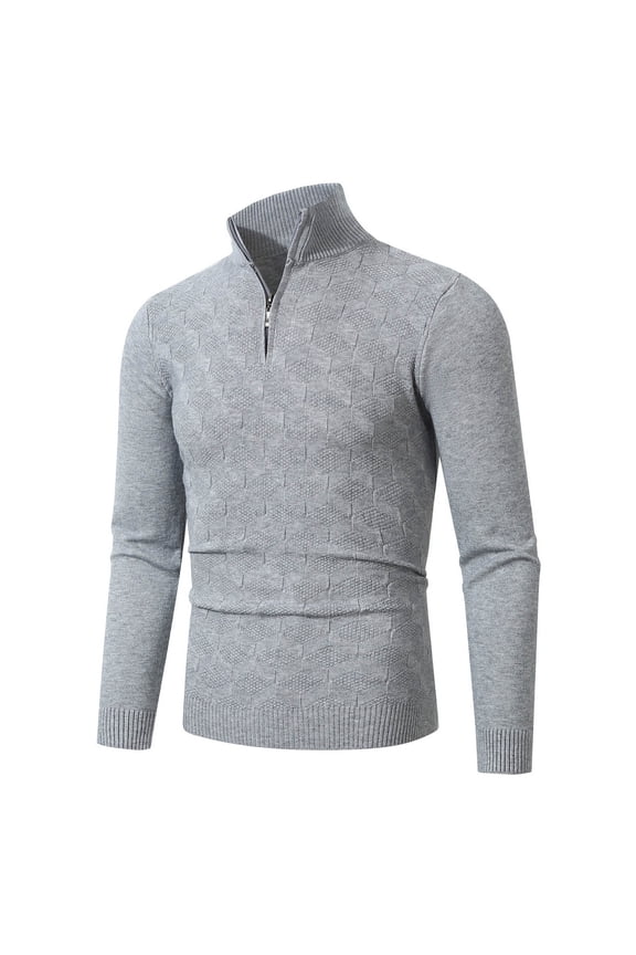 Men's Casual Knit Sweaters Solid Quarter Zip Pullover Tops Jacquard Textured Sweaters Modern Fit Long Sleeve Sweater Fall Winter Clothes Gray XXXL