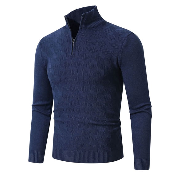 Timoontee Men's Casual Knit Sweaters Solid Quarter Zip Pullover Tops Jacquard Textured Sweaters Modern Fit Long Sleeve Sweater Fall Winter Clothes Navy XXXL