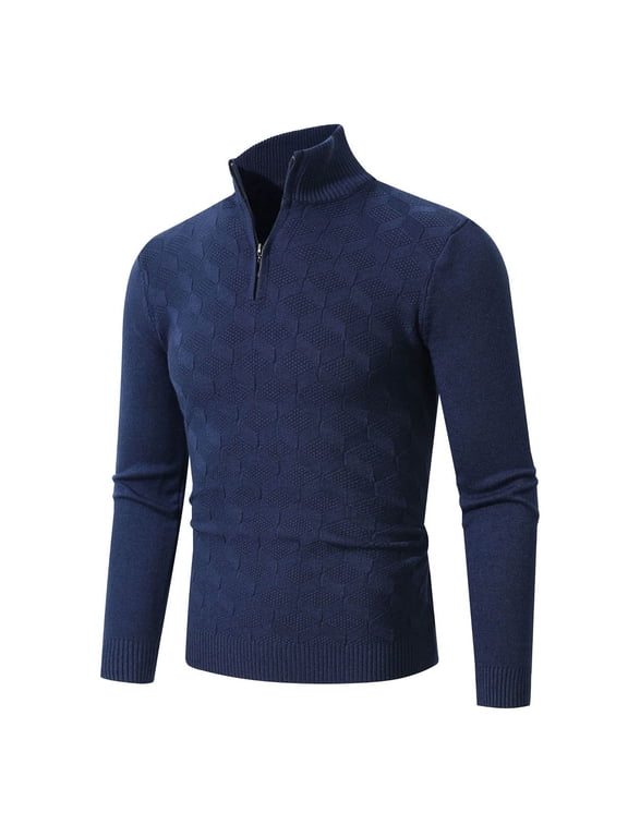 Men's Casual Knit Sweaters Solid Quarter Zip Pullover Tops Jacquard Textured Sweaters Modern Fit Long Sleeve Sweater Fall Winter Clothes Navy XXXL