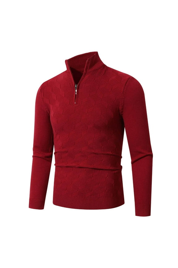 Men's Casual Knit Sweaters Solid Quarter Zip Pullover Tops Jacquard Textured Sweaters Modern Fit Long Sleeve Sweater Fall Winter Clothes Red XL