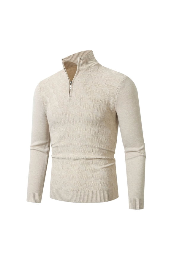 Men's Casual Knit Sweaters Solid Quarter Zip Pullover Tops Jacquard Textured Sweaters Modern Fit Long Sleeve Sweater Fall Winter Clothes White XL