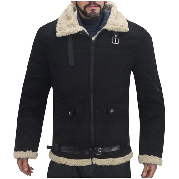Timoontee Men's Casual Lapel Jacket Coat Faux Fur Sherpa Lined Jackets Zip Up Fleece Outerwear Coat Thickened Warm Coat Winter Trendy Clothes Black XXL