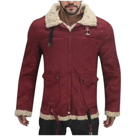 Timoontee Men's Casual Lapel Jacket Coat Faux Fur Sherpa Lined Jackets Zip Up Fleece Outerwear Coat Thickened Warm Coat Winter Trendy Clothes Wine L