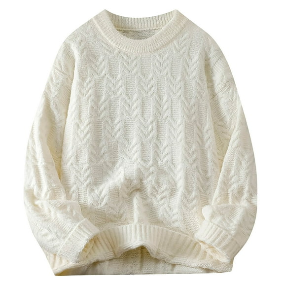 Timoontee Men's Casual Long Sleeve Sweater Solid Crewneck Pullover Tops Jacquard Textured Sweaters Fall Winter Comfy Thermal Sweaters White L