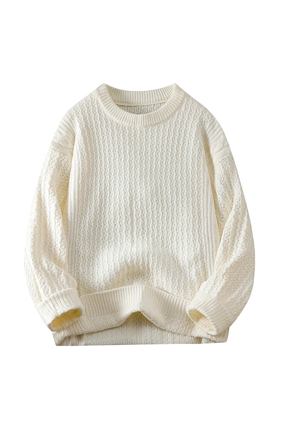 Men's Casual Long Sleeve Sweater Solid Crewneck Pullover Tops Jacquard Textured Sweaters Fall Winter Comfy Thermal Sweaters White L