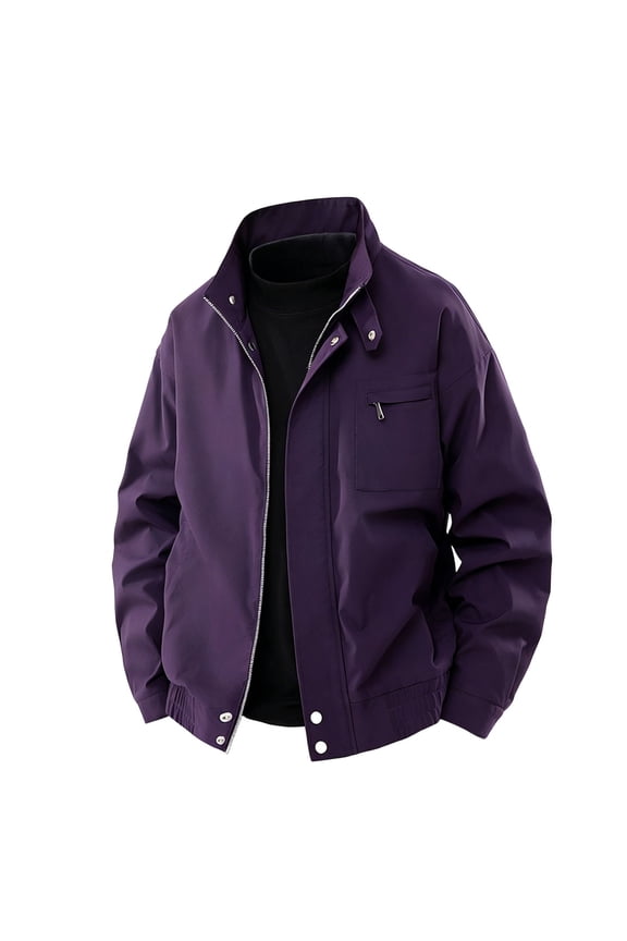 Men's Casual LooseStand Collar Water Jacket No Hood Side Hand Pockets Purple M