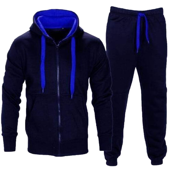 Timoontee Men's Casual Solid Sweatsuits 2 Piece Set Long Sleeve Cardigan Hoodies Zip Up Sweatshirts with Drawstring Elastic Waist Sweatpants for Hiking Jogging Workout Navy XXL