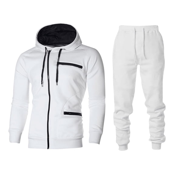 Timoontee Men's Casual Solid Sweatsuits 2 Piece Set Long Sleeve Cardigan Hoodies Zip Up Sweatshirts with Drawstring Elastic Waist Sweatpants for Hiking Jogging Workout White XL