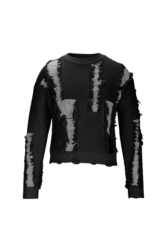 Men's Casual Sweater Long Sleeve Crewneck Kintted Tassel Ribbed Pullover Sweaters Fall Winter Loose Fit Color Block Warm Jumper Black XXL