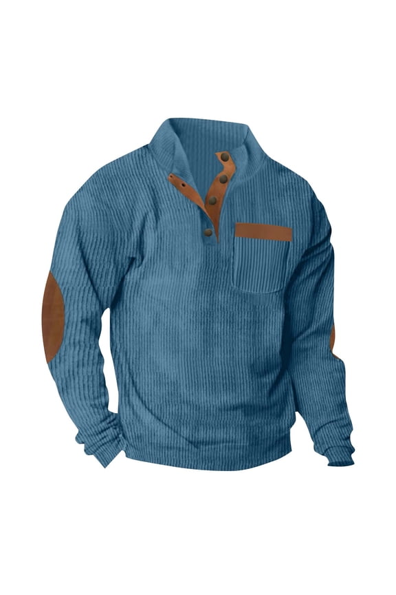 Men's Casual Sweatshirt Patch Sleeves Corduroy Pullover Tops Fashion Fall Quarter Button up Clothes Long Sleeve Vintage Workout Shirt Blue XL