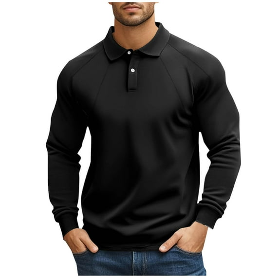 Timoontee Men's Casual Sweatshirts Relaxed Fit Long Sleeve Lapel Collar Pullover Shirts Lightweight Solid Button Tops Outdoor Workout Blouses Black M