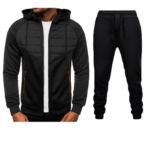 Timoontee Men's Casual Tracksuit Color Block Long Sleeve Zip Up Hoodies Zip Pockets Pullover Sweatshirts 2 Piece Outfit Drawstring Elastic Waist Sweatpants Black XXL
