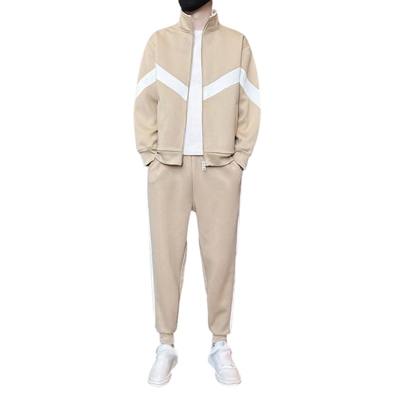 Timoontee Men's Casual Tracksuits Zip Up Jacket Sets Windbreaker Running Sports Sweatsuit Long Sleeve Mock Neck Tops with Jogging Pants Color Block 2-Piece Outfits Khaki XXXXL