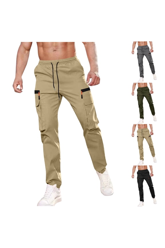 Men's Casual Trousers Drawstring Elastic Waist Flat Front Cargo Pants Regular Lightweight Zipper Solid Pockets Workwear Pants Khaki XXL