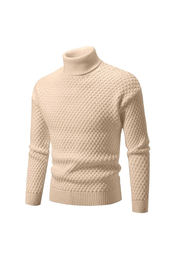 Men's Casual Turtleneck Knit Sweater Solid Pullover Tops Slim Fit Long Sleeve Sweaters Waffle Textured Sweaters Fall Winter Warm Sweaters Khaki M