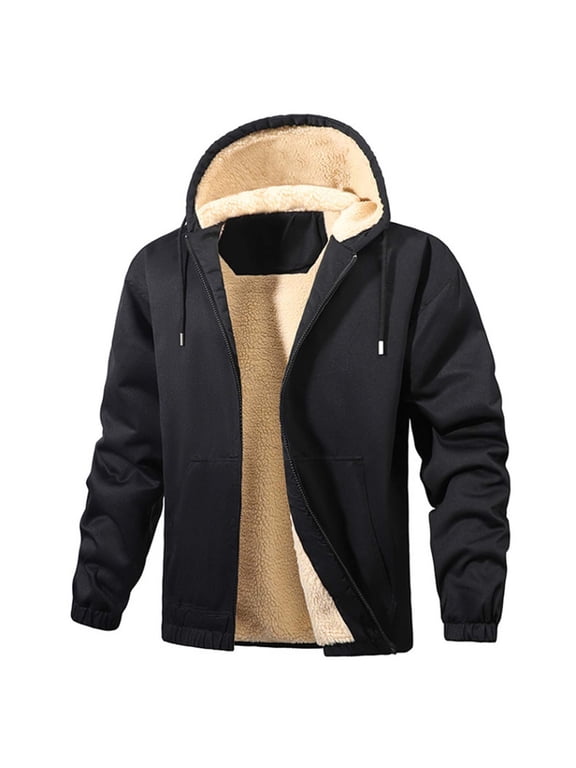 Men's Cold Weather Coats Fall Winter Fleece Lined Thickened Warm Jacket Coat Casual Comfy Long Sleeve Zip Up Hooded Jacket Solid Pocket Jacket Black XS