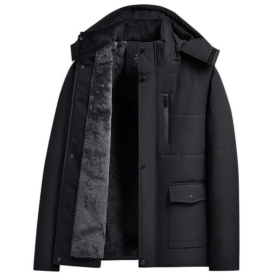 Timoontee Men's Cold Weather Coats Fall Winter Fleece Lined Warm Jackets Relaxed Fit Long Sleeve Hooded Jacket Fashion Casual Solid Pocket Jacket Black XXXL