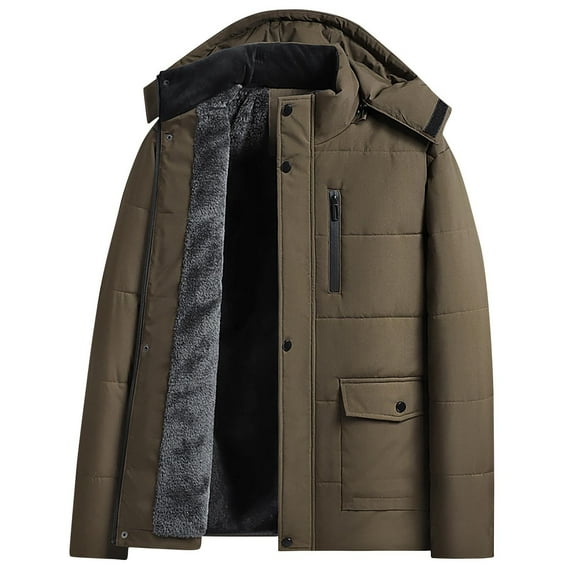 Timoontee Men's Cold Weather Coats Fall Winter Fleece Lined Warm Jackets Relaxed Fit Long Sleeve Hooded Jacket Fashion Casual Solid Pocket Jacket Coffee XL