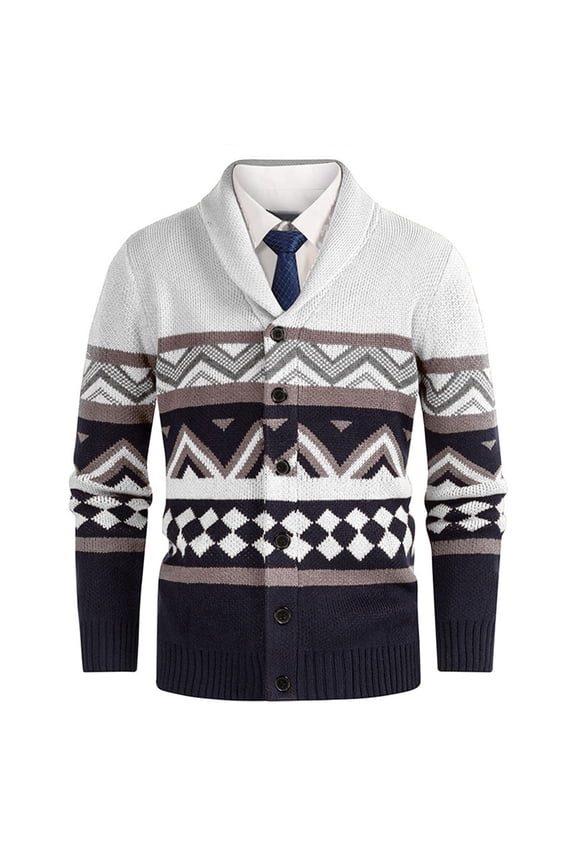 Men's Color Block Shawl Collar Sweaters Casual Comfy Button Down Tops Modern Fit Long Sleeve Sweater Fall Winter Trendy Sweaters White XXL