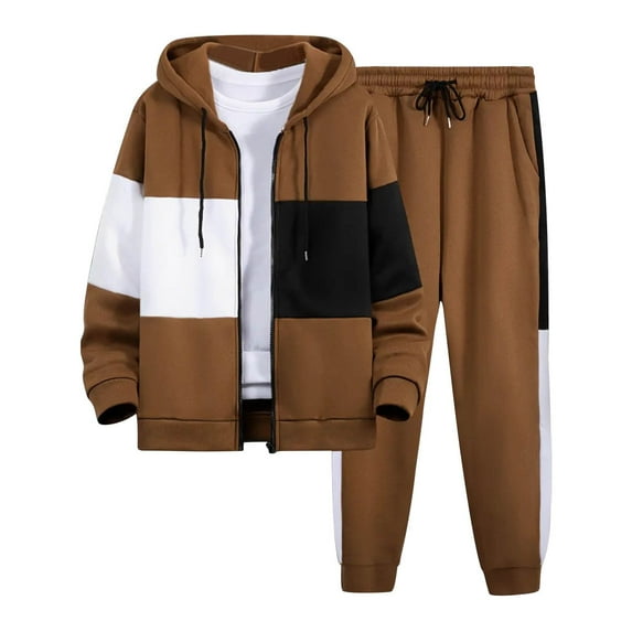 Timoontee Men's Color Block Tracksuit Casual Fleece Zip Up Sweatshirts Set Fluffy Warm Long Sleeve Hoodies with Ultra Soft Comfy Drawstring Long Pants 2 Piece Outfit Brown M