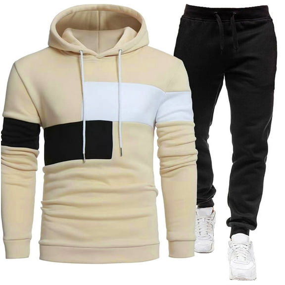 Timoontee Men's Color Block Tracksuit Casual Soft Comfy Hoodies Long Sleeve Pullover Sweatshirts with Drawstring Elastic Waist Joggers 2 Piece Set Beige XL