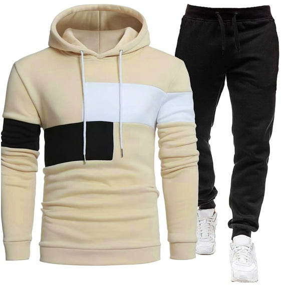 Timoontee Men's Color Block Tracksuit Casual Soft Comfy Hoodies Long Sleeve Pullover Sweatshirts with Drawstring Elastic Waist Joggers 2 Piece Set Beige XXXL