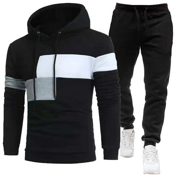 Timoontee Men's Color Block Tracksuit Casual Soft Comfy Hoodies Long Sleeve Pullover Sweatshirts with Drawstring Elastic Waist Joggers 2 Piece Set Black XL