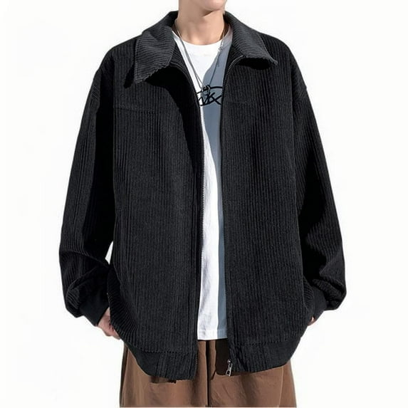 Timoontee Men's Corduroy Jacket Casual Comfy Lapel Jacket Coat Solid Long Sleeve Loose Coats Zip Up Outerwear Fall Winter Warm Coat Black M