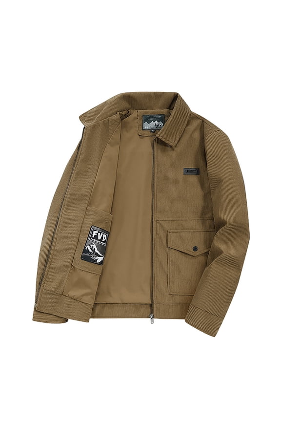 Men's Corduroy Jacket Coat Long Sleeve Lapel Collar Zip Up Jacket Fall Winter Casual Warm Coats Solid Pockets Jacket Outdoor Windbreaker Khaki L