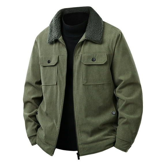 Timoontee Men's Corduroy Jacket Fall Winter Fleece Thcikened Thermal Warm Jacket Coat Solid Pocket Long Sleeve Lapel Collar Zip Up Outwear Army Green L