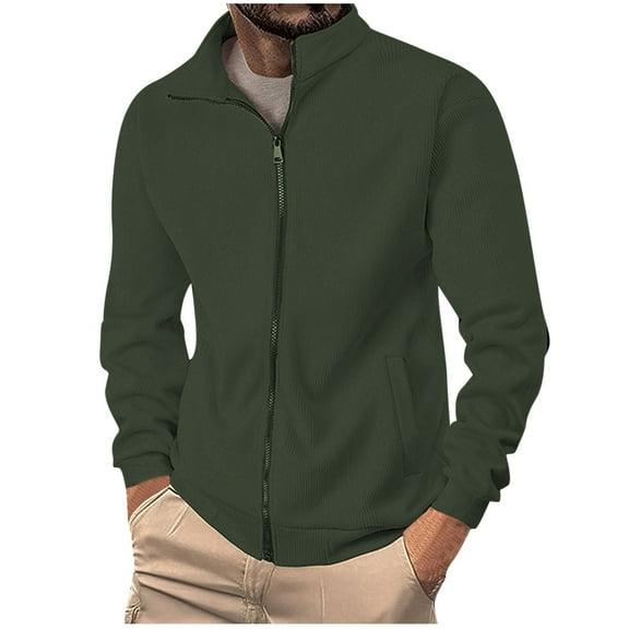 Timoontee Men's Corduroy Jacket Loose Long Sleeve Stand Collar Full Zip Jacket Lightweight Outdoor Casual Solid Pocket Jacket Coat Green L