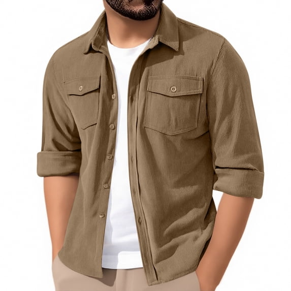 Timoontee Men's Corduroy Shirts Jacket Casual Long Sleeve Shacket Lightweight Overshirts Solid Button Down Shirts Windproof Shirts Coffee M