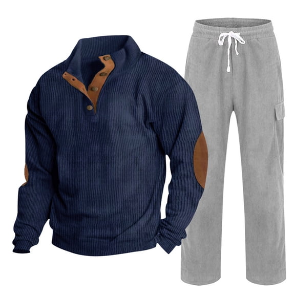Timoontee Men's Corduroy Sweatshirts Long Sleeve Henley Pullover Shirts with Drawstring Elastic Waist Straight Sweatpants 2 Piece Set Fall Casual Comfy Clothes Gray XL