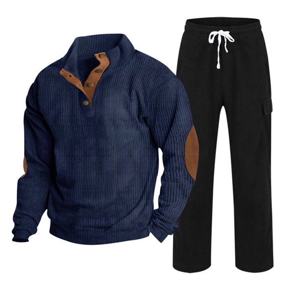 Timoontee Men's Corduroy Sweatshirts Long Sleeve Henley Pullover Shirts with Drawstring Elastic Waist Straight Sweatpants 2 Piece Set Fall Casual Comfy Clothes Black XXL