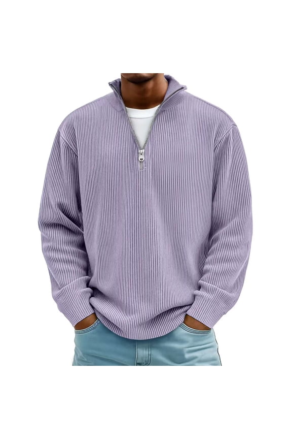 Men's Corduroy Sweatshirts Quarter Zip Pullover Tops Rib Knit Long Sleeve Stand Collar Tops Loose Fit Casual Sweatshirts Purple XXXXXL