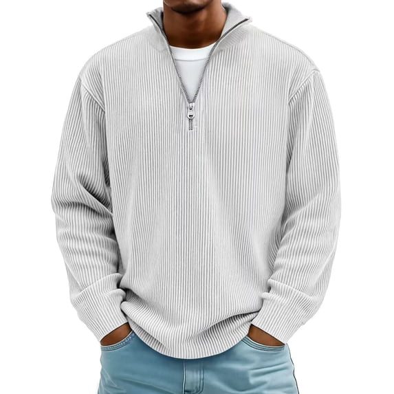Timoontee Men's Corduroy Sweatshirts Quarter Zip Pullover Tops Rib Knit Long Sleeve Stand Collar Tops Loose Fit Casual Sweatshirts White L