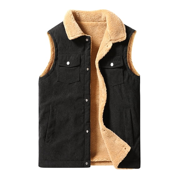 Timoontee Men's Corduroy Vest Warm Thickened Winter Vest Casual Comfy Fleece Lined Waistcoat Sleeveless Lapel Button Down Vest with Multi Pockets Black XXL