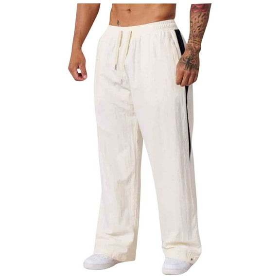 Timoontee Men's Cotton Linen Pants Loose Wide Leg Pants Lightweight Hiking Running Pants Elastic Waist Outdoor Casual Workout Sweat Pants Beige XL