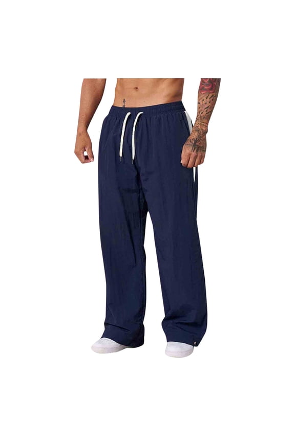 Men's Cotton Linen Pants Loose Wide Leg Pants Lightweight Hiking Running Pants Elastic Waist Outdoor Casual Workout Sweat Pants Navy S