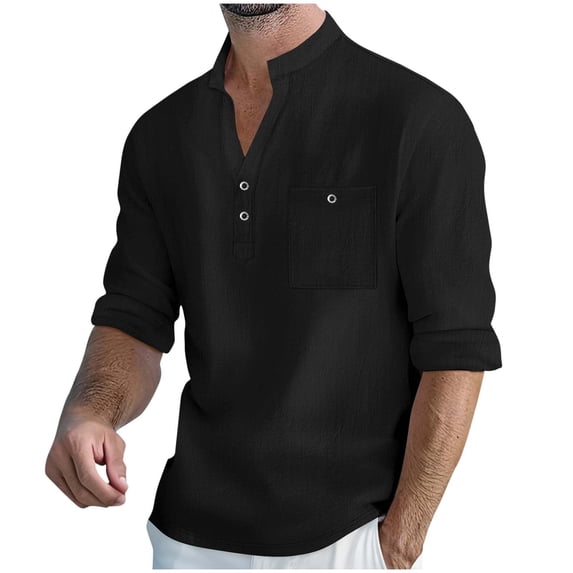 Timoontee Men's Cotton Linen Shirts Casual Long Sleeve Stand Collar Pullover Blouses Lightweight Solid Quarter Button Classic Summer Beach Shirts Black XXL