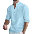 thumbnail image 1 of Timoontee Men's Cotton Linen Shirts Casual Long Sleeve Stand Collar Pullover Blouses Lightweight Solid Quarter Button Classic Summer Beach Shirts Light Blue XXL, 1 of 9