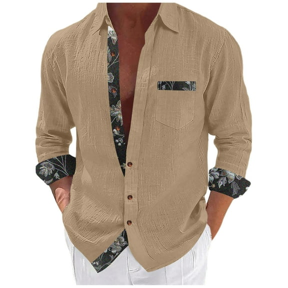 Timoontee Men's Cotton Linen Shirts Fashion Print Tops Lightweight Spring Summer Casual T Shirts Long Sleeve Lapel Button Down Shirts Khaki L