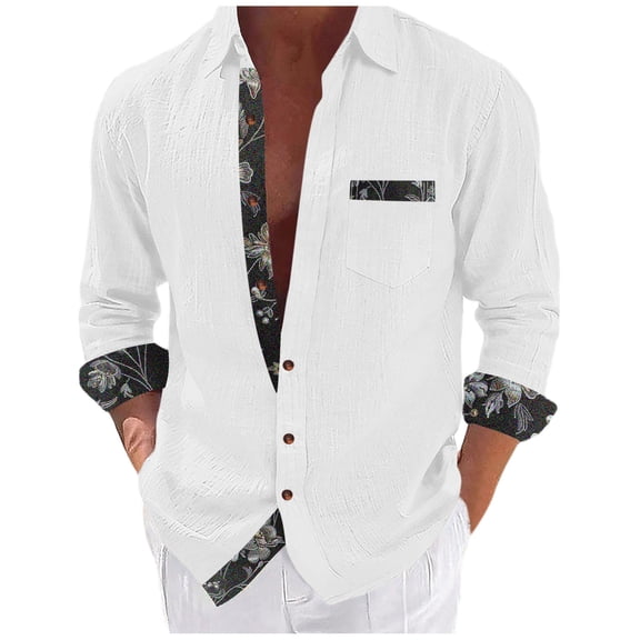 Timoontee Men's Cotton Linen Shirts Fashion Print Tops Lightweight Spring Summer Casual T Shirts Long Sleeve Lapel Button Down Shirts White L
