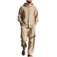 thumbnail image 1 of Timoontee Men's Cotton Linen Solid Tracksuit Relaxed Fit Long Sleeve Hoodies Casual Button Down Sweatshirts with Loose Drawstring Long Pants 2 Piece Outfit Khaki L, 1 of 9