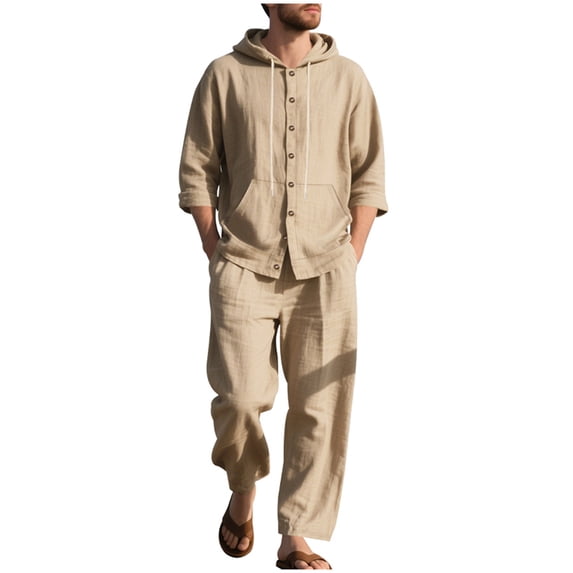 Timoontee Men's Cotton Linen Solid Tracksuit Relaxed Fit Long Sleeve Hoodies Casual Button Down Sweatshirts with Loose Drawstring Long Pants 2 Piece Outfit Khaki L