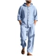 thumbnail image 1 of Timoontee Men's Cotton Linen Solid Tracksuit Relaxed Fit Long Sleeve Hoodies Casual Button Down Sweatshirts with Loose Drawstring Long Pants 2 Piece Outfit Light Blue XL, 1 of 9