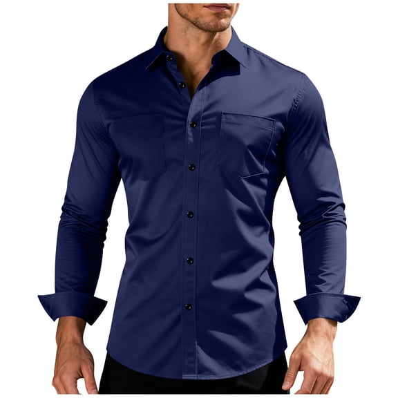 Timoontee Men's Dress Shirts Long Sleeve Collared T-Shirts Solid Shirts for Business Casual Wedding Office Travel Daily Wear Dark Blue M
