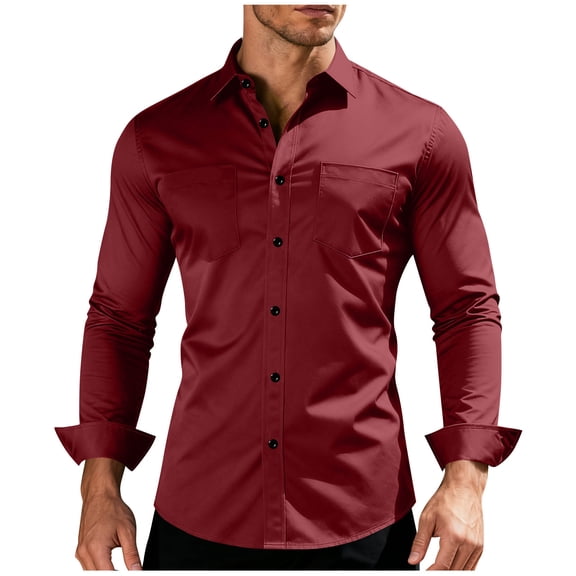 Timoontee Men's Dress Shirts Long Sleeve Collared T-Shirts Solid Shirts for Business Casual Wedding Office Travel Daily Wear Wine M